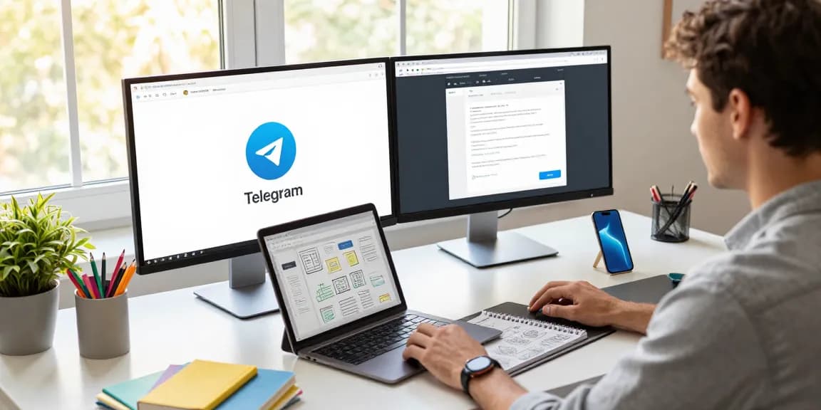 Download Telegram on multiple devices in a modern office space.