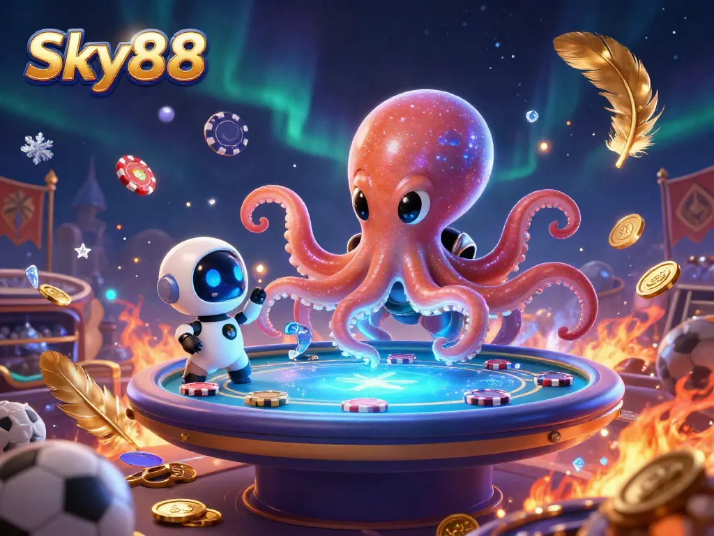 Sky88 betting scene showcasing an alien octopus at a poker table surrounded by gold coins and vibrant visuals.