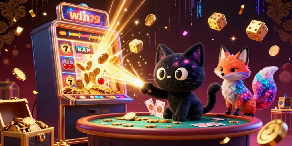 Win79 captivating cosmic casino scene with a black hole cat and colorful nebula fox pulling in chips.