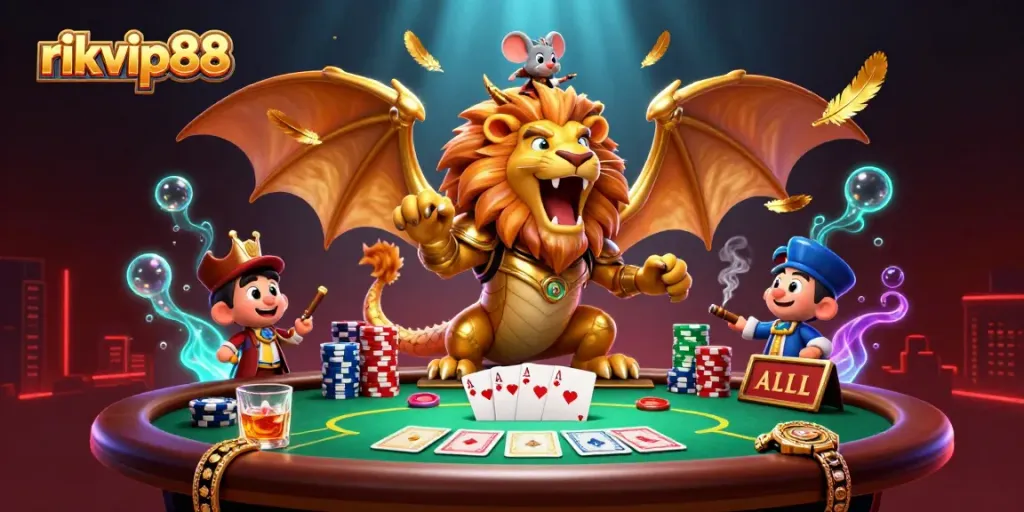 Engage in high-stakes poker with rikvip88 featuring a victorious chimera and poker elements.