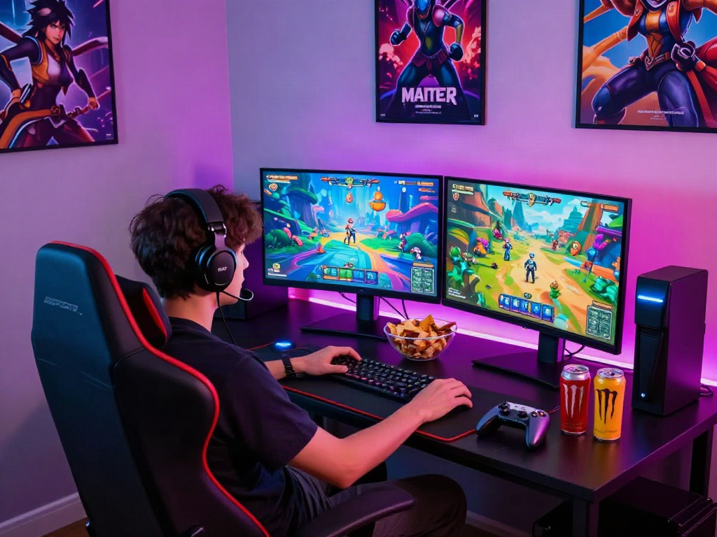 Engaging gamer enjoying a thrilling porn game on dual monitors with snacks.