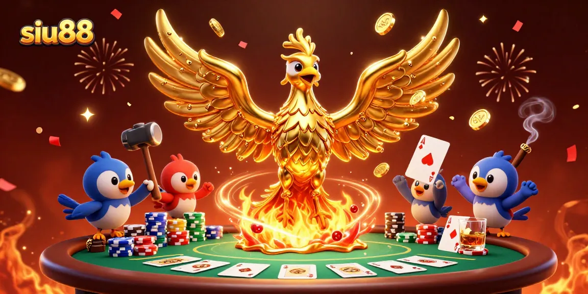 Experience thrilling moments with siu88's golden phoenix soaring above iconic poker elements, showcasing casino dynamics.