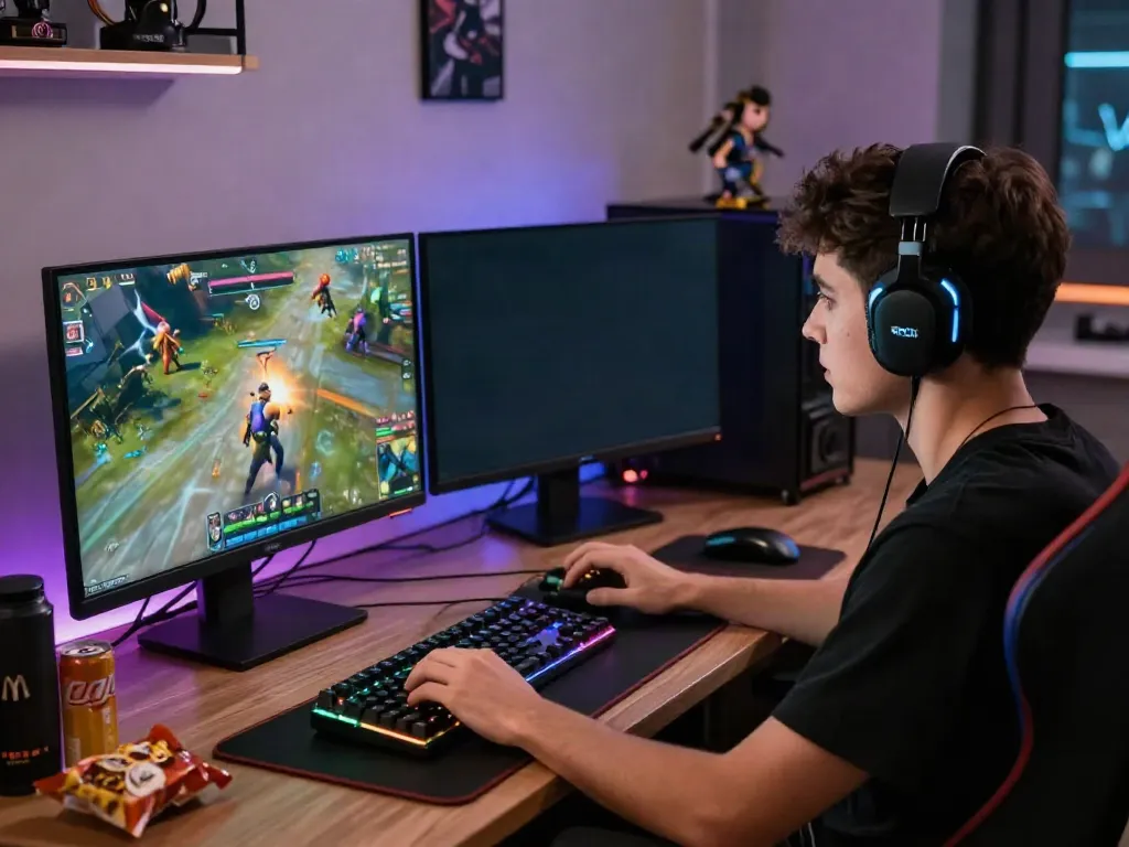 Engaging rokok88 online gaming setup with vibrant graphics and focused player.