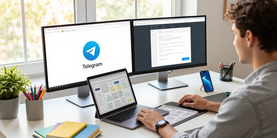 Download Telegram on multiple devices in a modern office space.