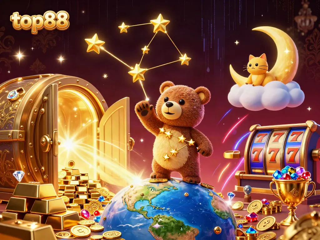 Experience the thrill of top88 with a vivid cosmic scene featuring a constellation bear, vibrant slots, and dazzling treasures.