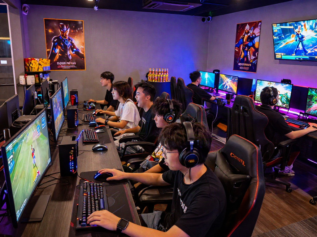 Vibrant gaming lounge showcasing rokok88 alternatif with young adults engaged in tournament.