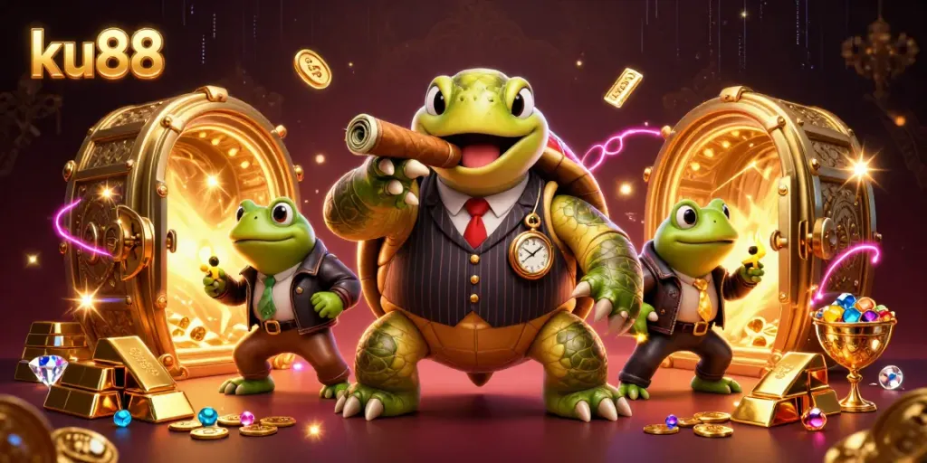 ku88 casino scene illustrating a snapping turtle mobster with bullfrog enforcers amidst treasures and vibrant lights.