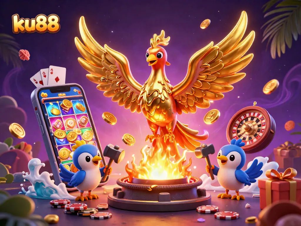 Experience epic wins with ku88 in this dynamic gold-filled casino illustration featuring vibrant gaming elements.