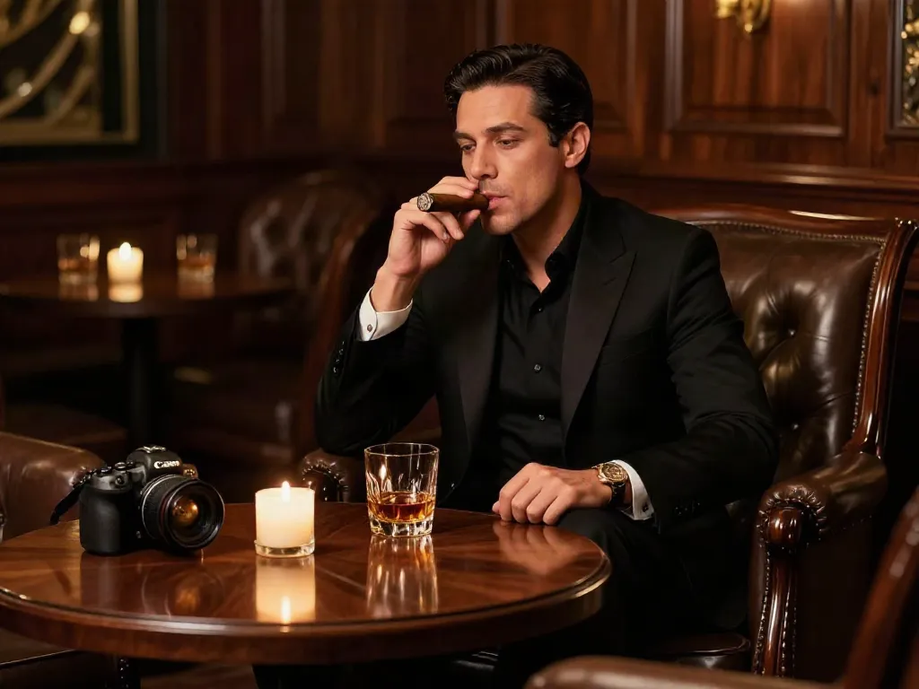 Man in a suit enjoying rokok88 cigar in an elegant lounge.