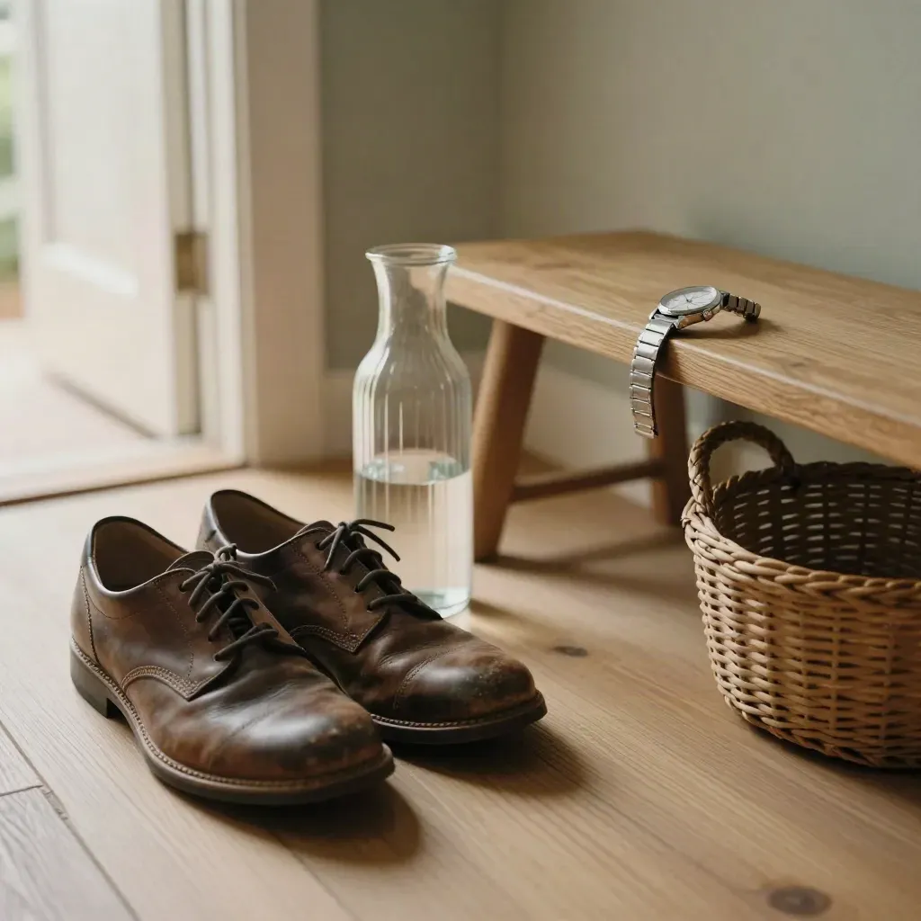 Walking shoes, water carafe, watch, and woven basket in a calm life-coaching entryway.