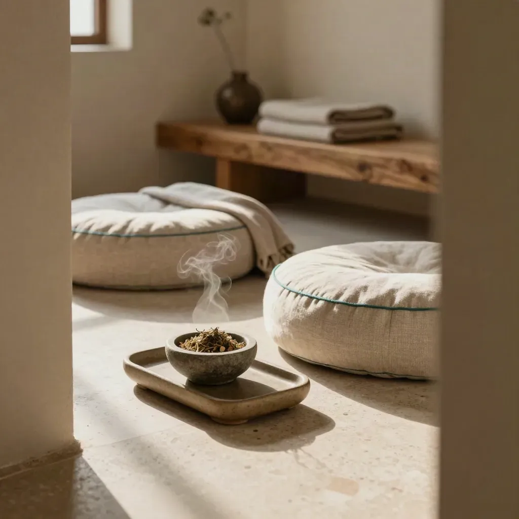 Quiet wellness consult corner with zafu cushions, tea tray, folded throw and herbal steam.
