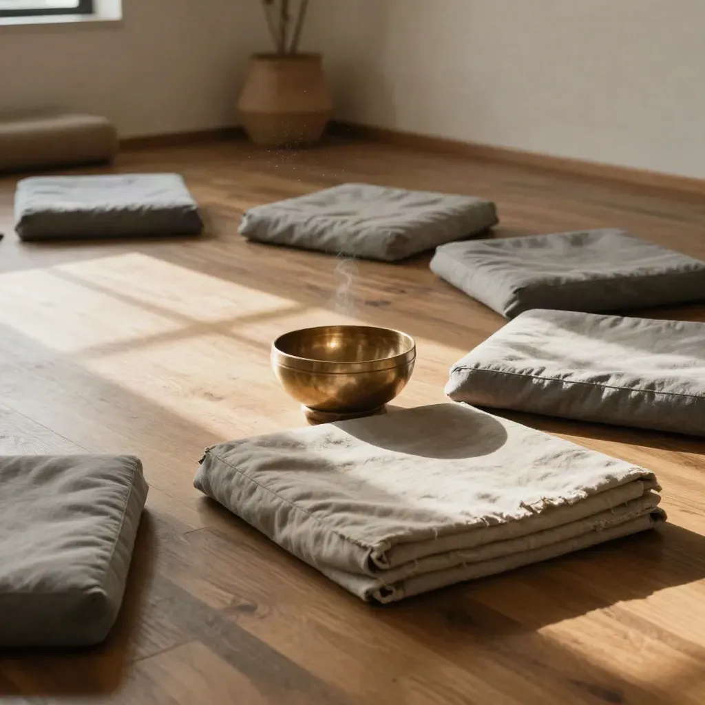 Empty mindfulness room with zafu cushions, a brass singing bowl, and folded mats on a wood floor.