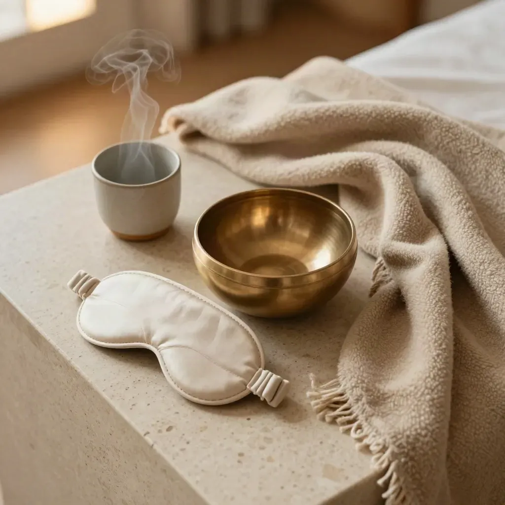 Top-down wellness tray with singing bowl, chamomile tea, eye mask, and folded blanket on travertine.