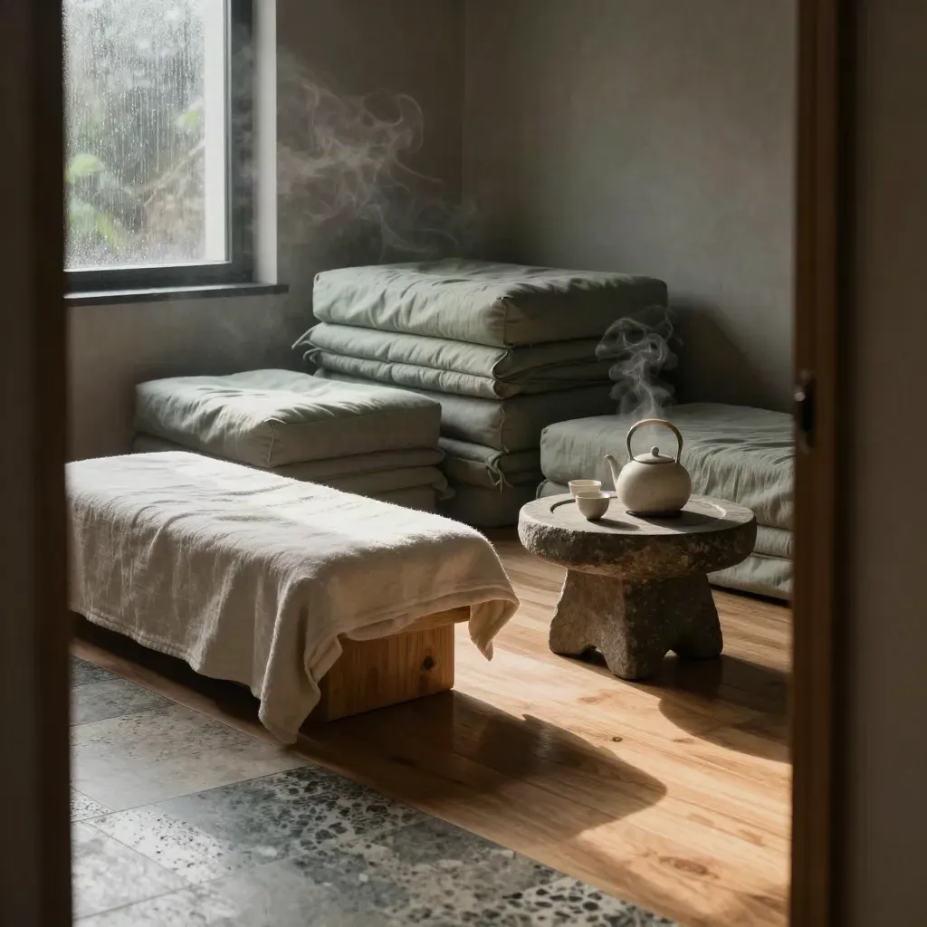 Dawn wellness room with zafus, stone tea set, blanket, and rain-soft glass.