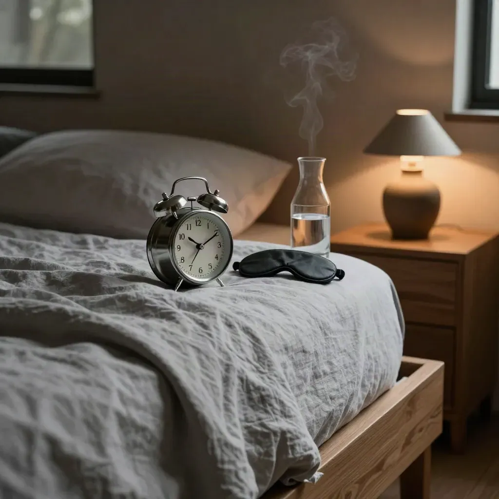 Bedside sleep setup with lamp, clock, eye mask, and water carafe in warm dawn light