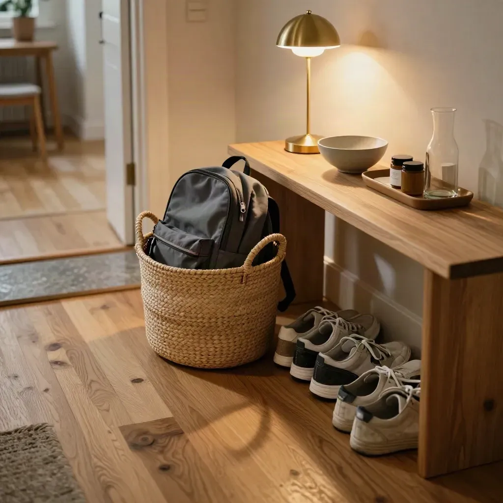 Woven basket of backpacks, shoes under a bench, and a warm lamp by a cleared entry console.