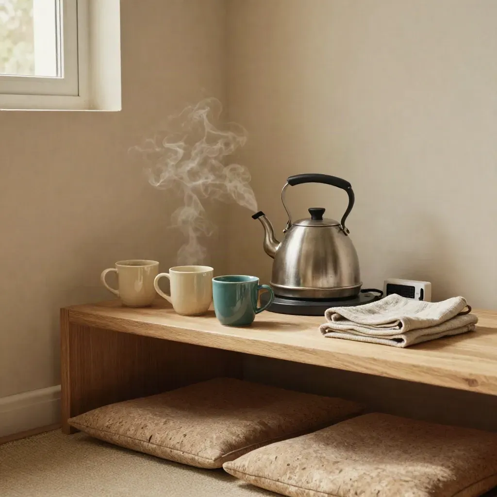 Steam rises from mugs beside a kettle and timer on a shared shelf with floor cushions below.