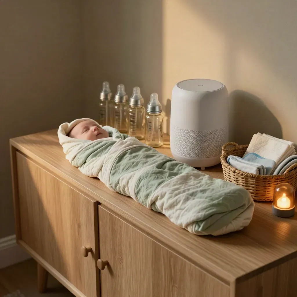 Nursery sideboard with swaddles, baby bottles, a white-noise machine and a glowing night light.