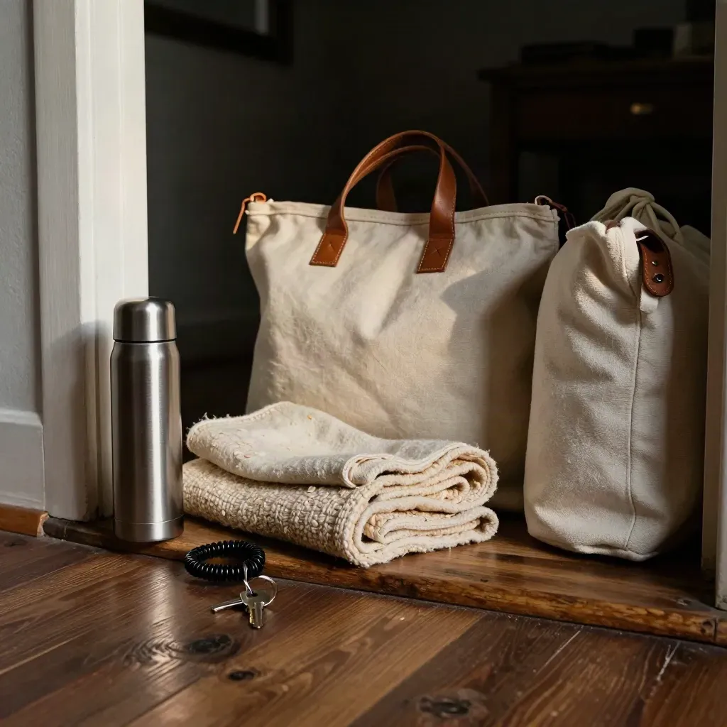 Floor-level entryway still life with thermos, blanket, charger, keys and two ready bags.