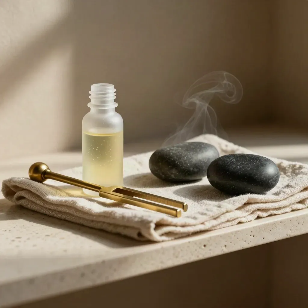 Macro still life of essential oil, basalt stones and a brass tuning fork on linen.