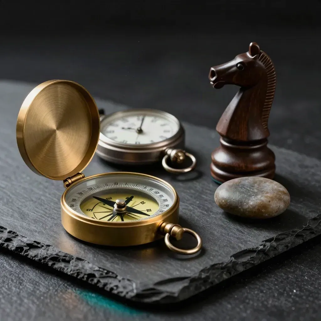 Brass compass, pocket watch, chess knight, and river stone on dark slate in dramatic low light.
