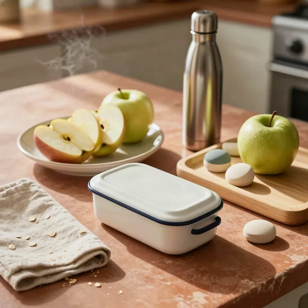 Lunchboxes, sliced apples, reusable bottle and routine tokens on a terracotta kitchen counter.