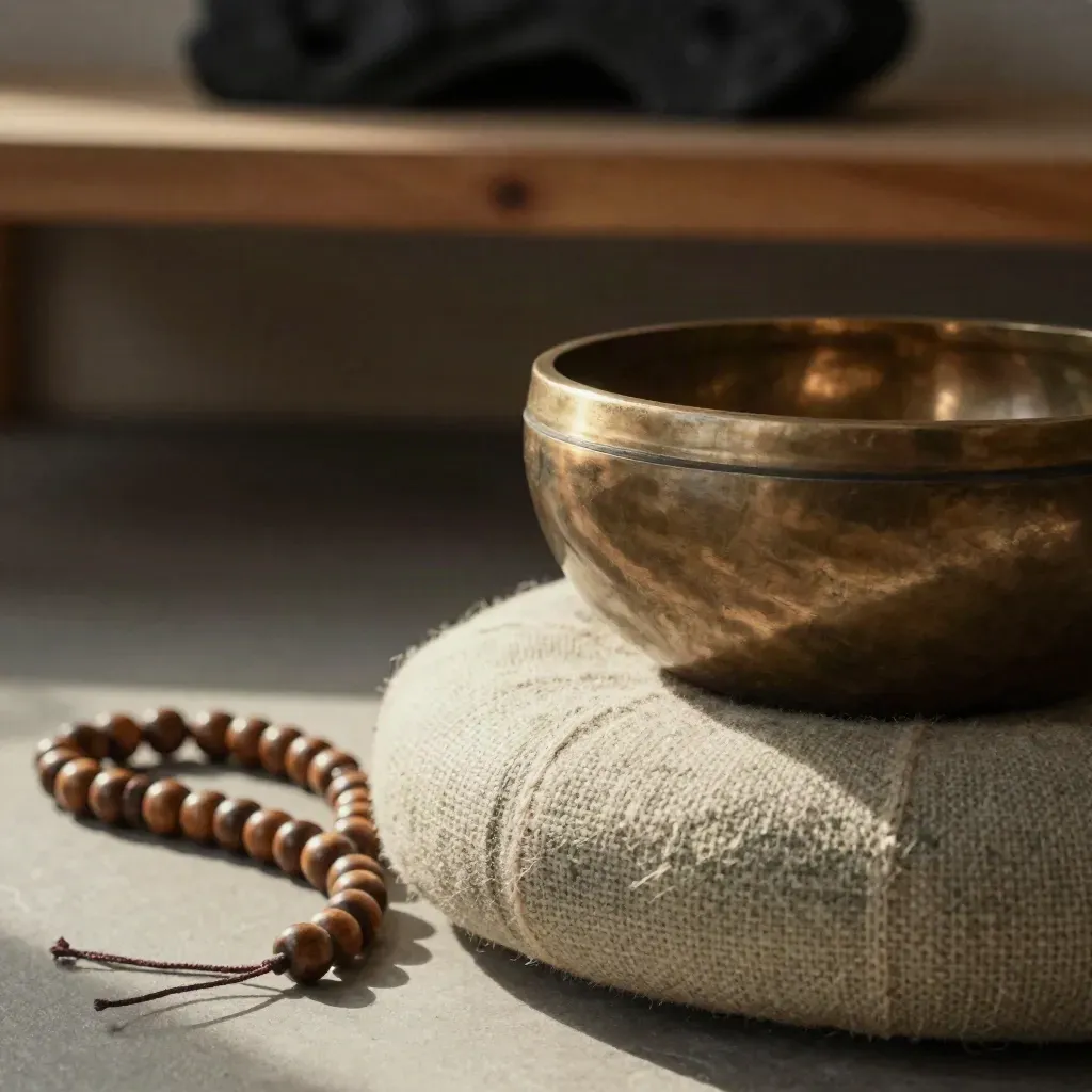 Bronze singing bowl rim, woven cushion, and wooden mala beads in a soft macro still life.