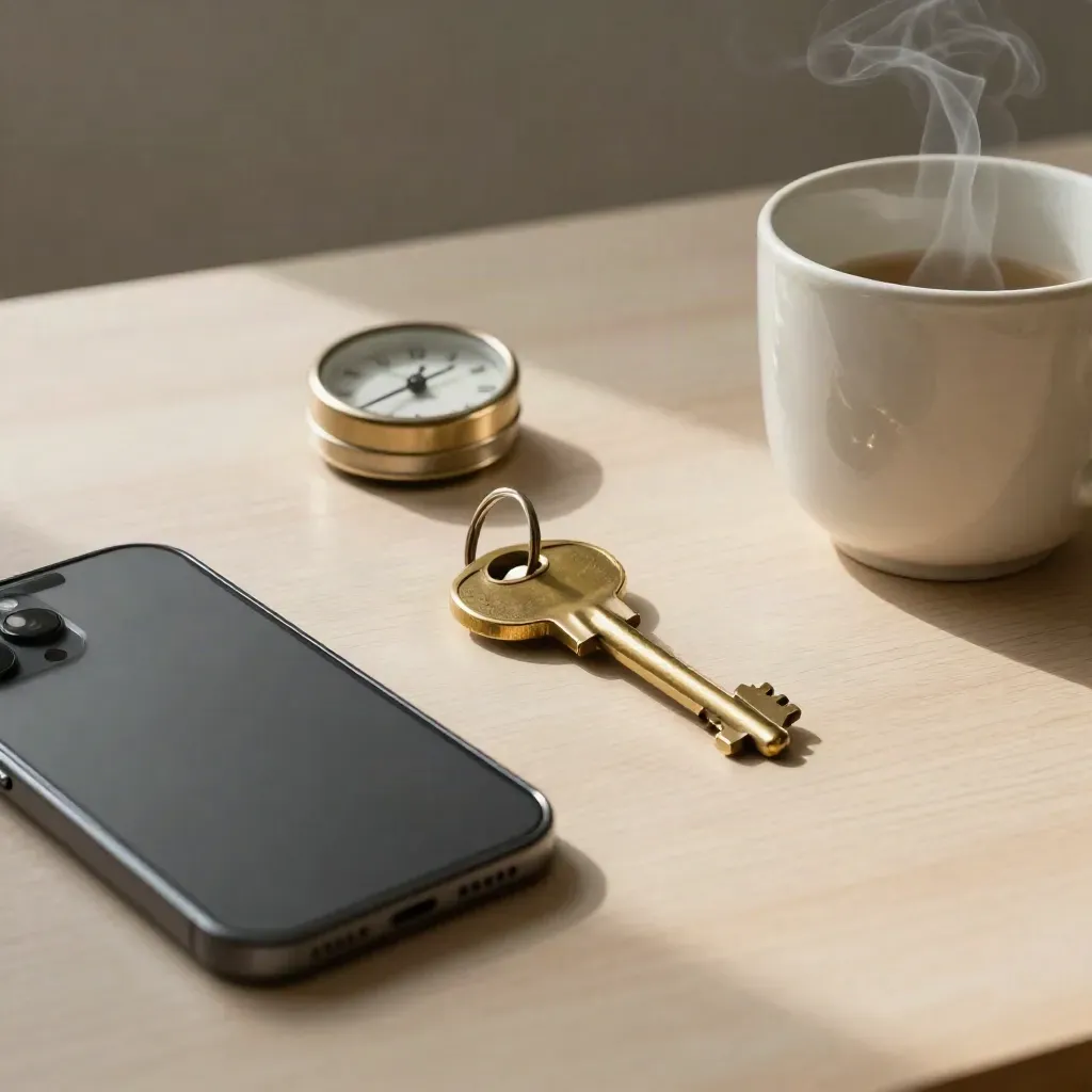 Face-down phone, brass key, clock and steaming cup on pale wood