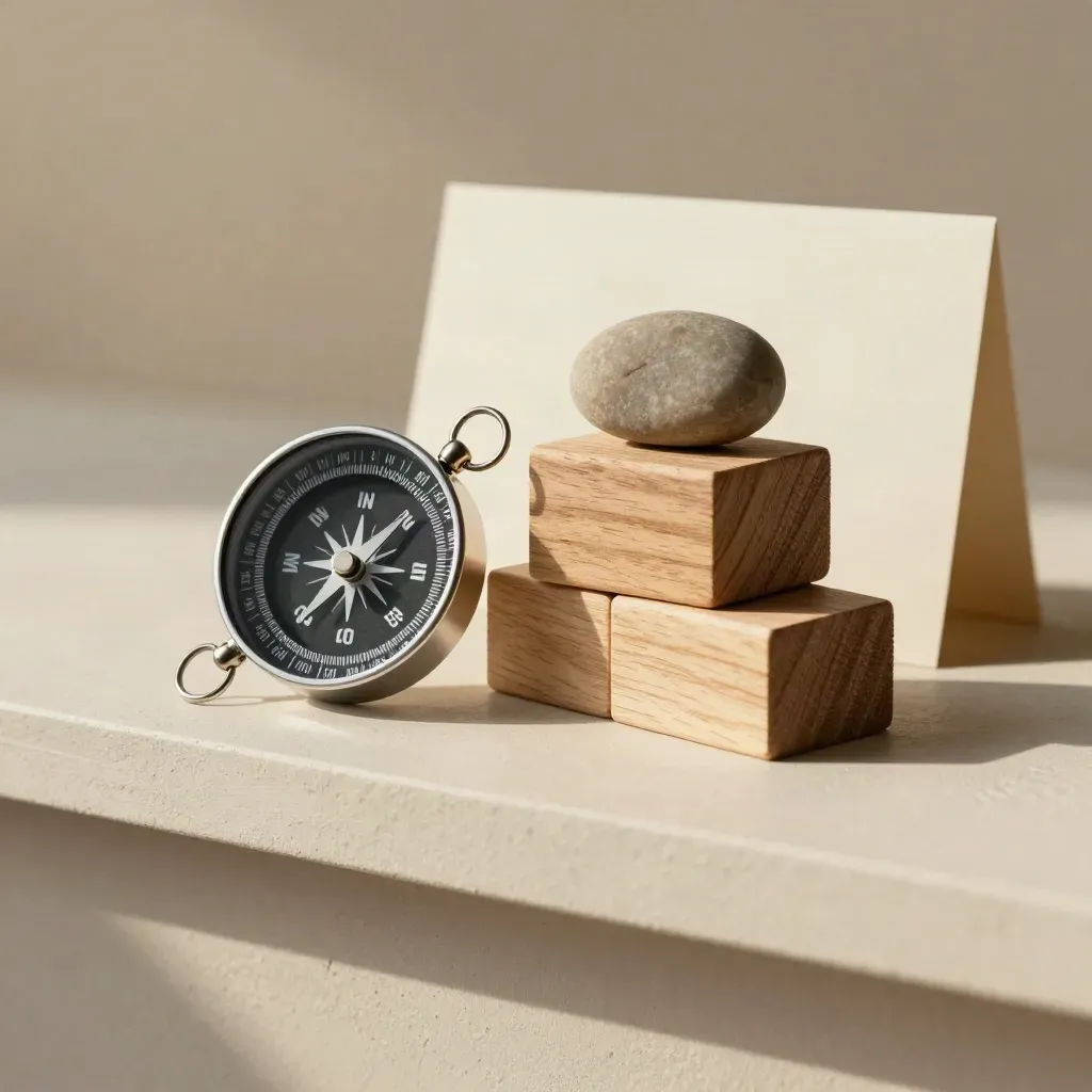 Compass, wooden blocks, and pebble on pale plaster in a calm planning still life.