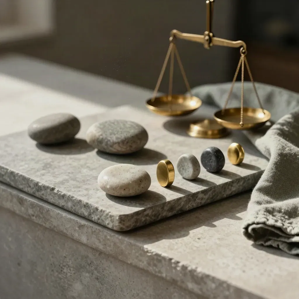 Stones, a brass scale, and progress markers on a stone tray with a folded sage cloth.