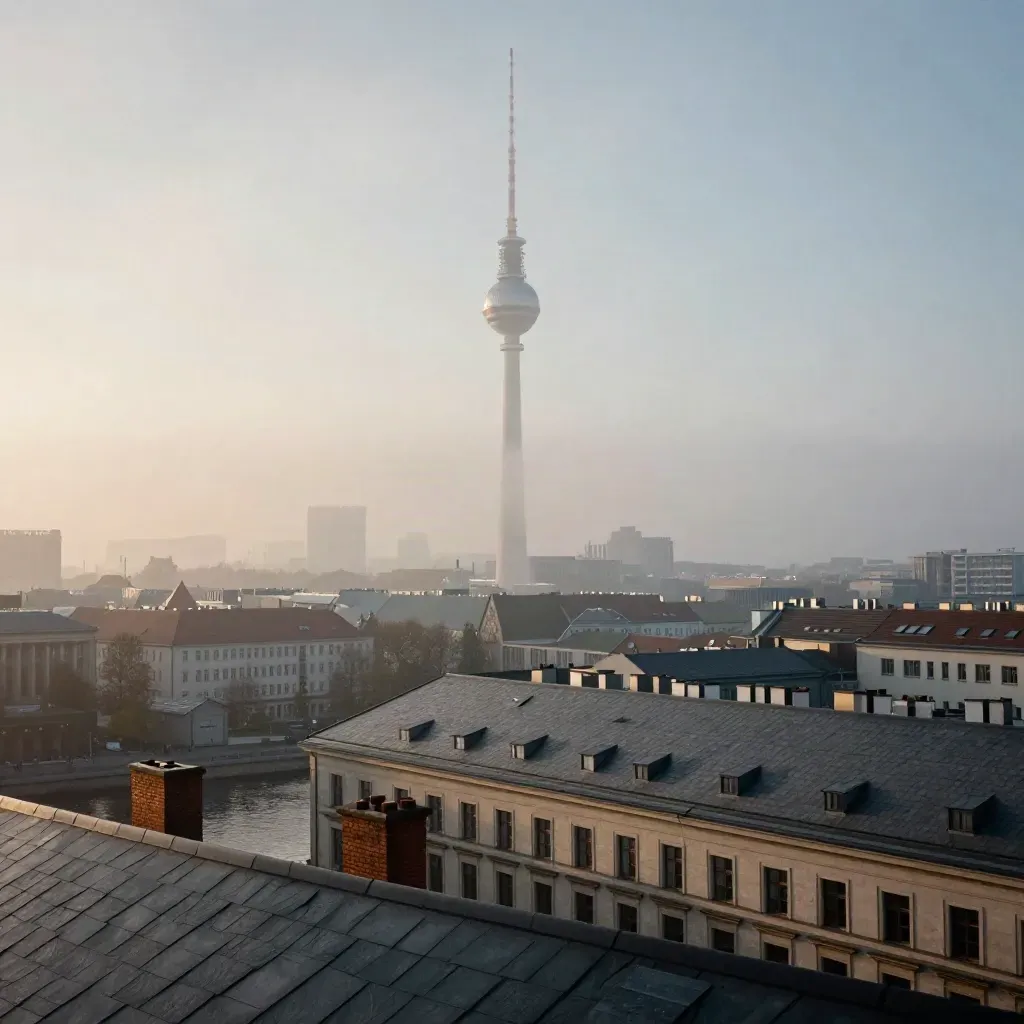 Berlin skyline at blue dawn, Fernsehturm above misted rooftops and a thin river band.
