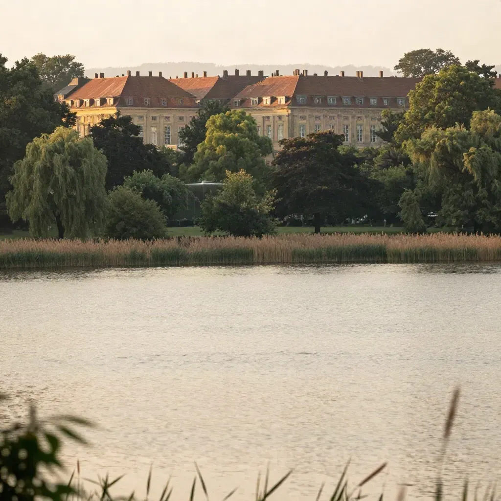 Potsdam palace roofs above a misty lake and quiet park trees at golden hour