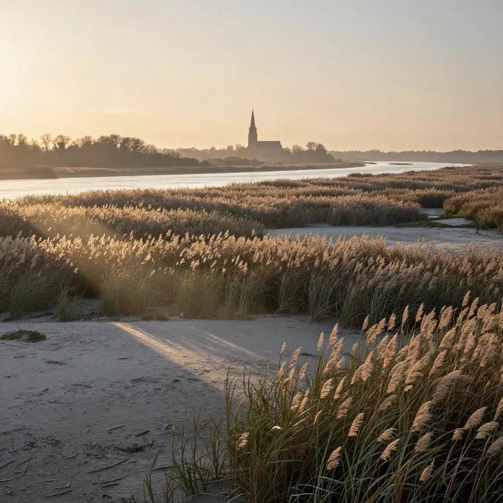 Brandenburg floodplain at sunset with reeds, open river, and a distant brick church in warm haze.