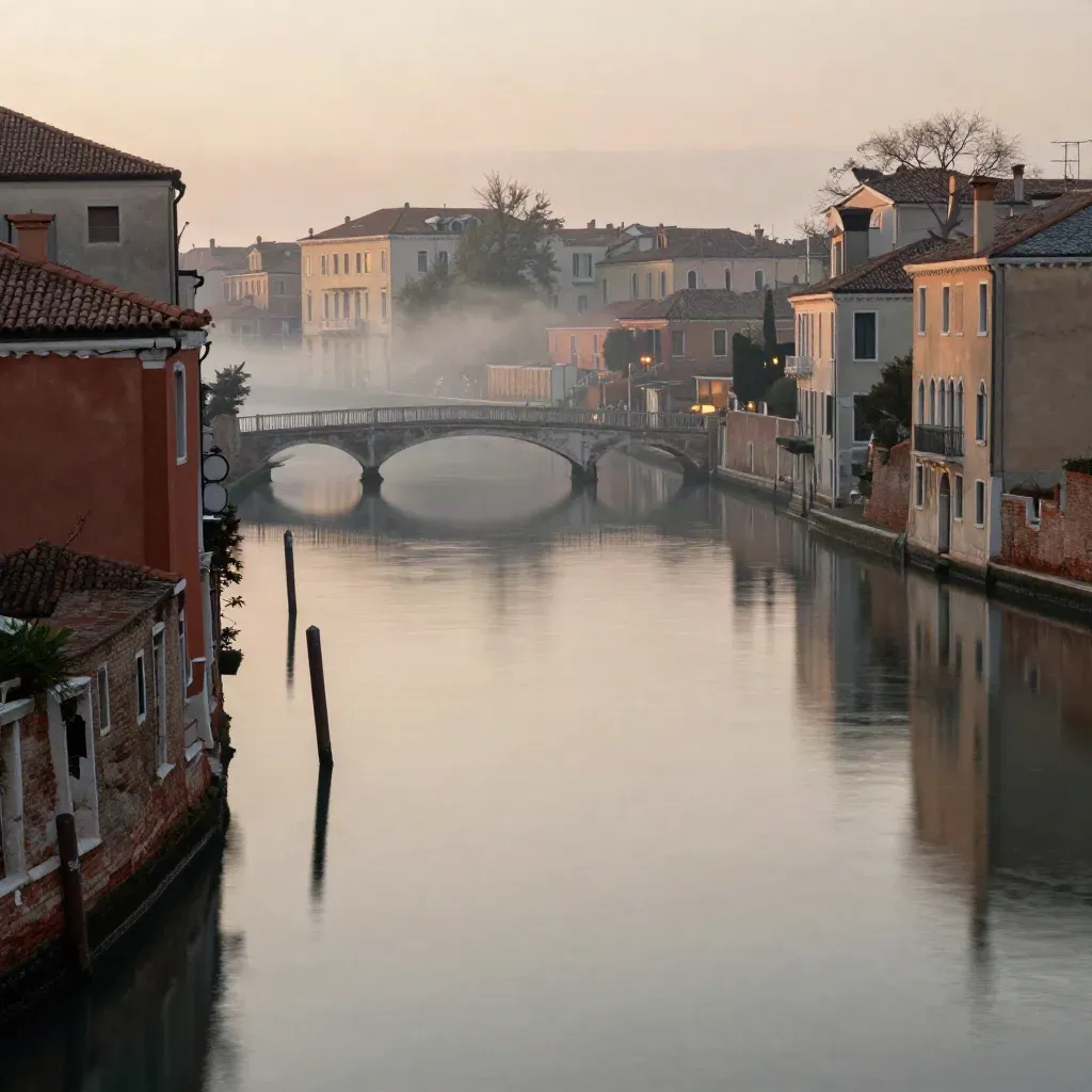 Calm canal at dusk with rooftops high and soft reflective water below for headline copy.