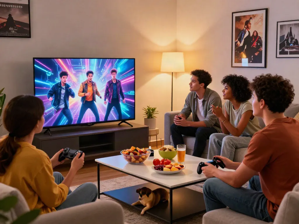 Diverse friends enjoying the modern entertainment experience via rokok88 in a cozy living room.