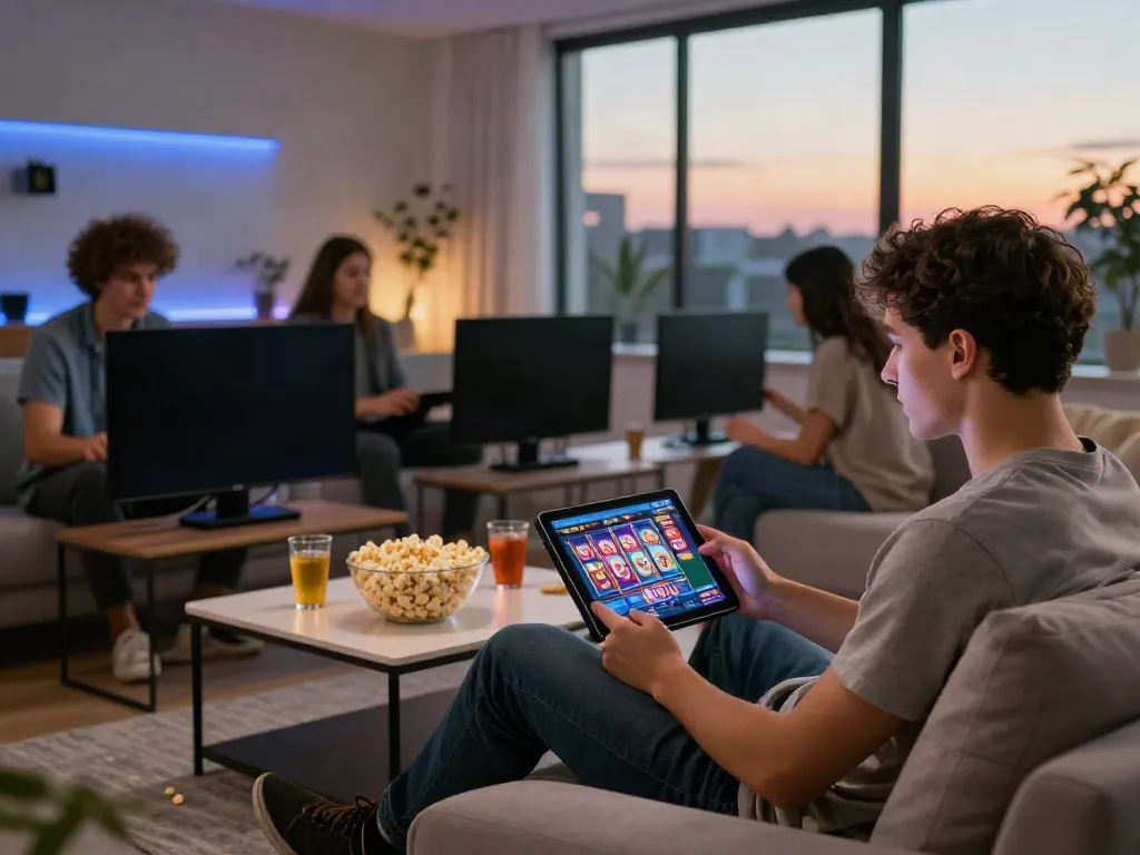 Engaging slot88 online gaming scene with friends in a cozy living room.