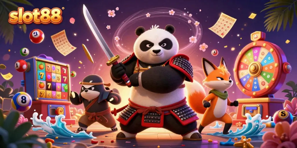 Engage with slot88's vibrant gaming spirit, showcasing diverse characters in an energetic casino scene.