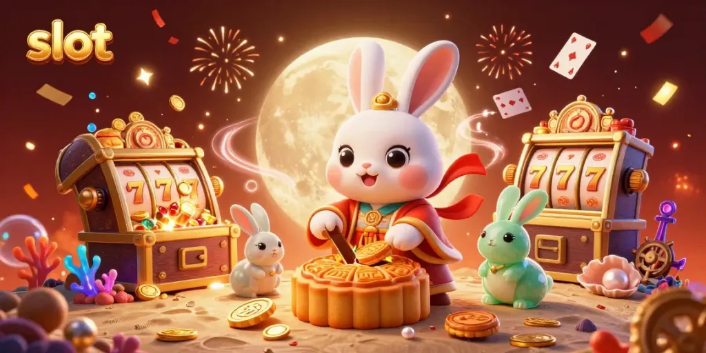 Spin slot reels to win big in this vibrant 3D illustration featuring a moon rabbit and poker chips.