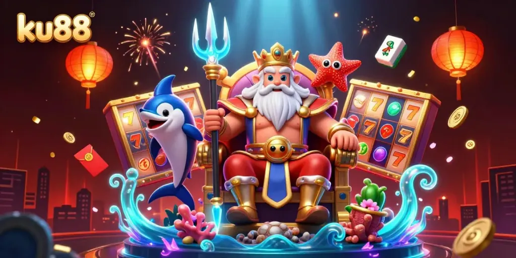 Engage with ku88 through an exciting 3D illustration showcasing vibrant casino elements.