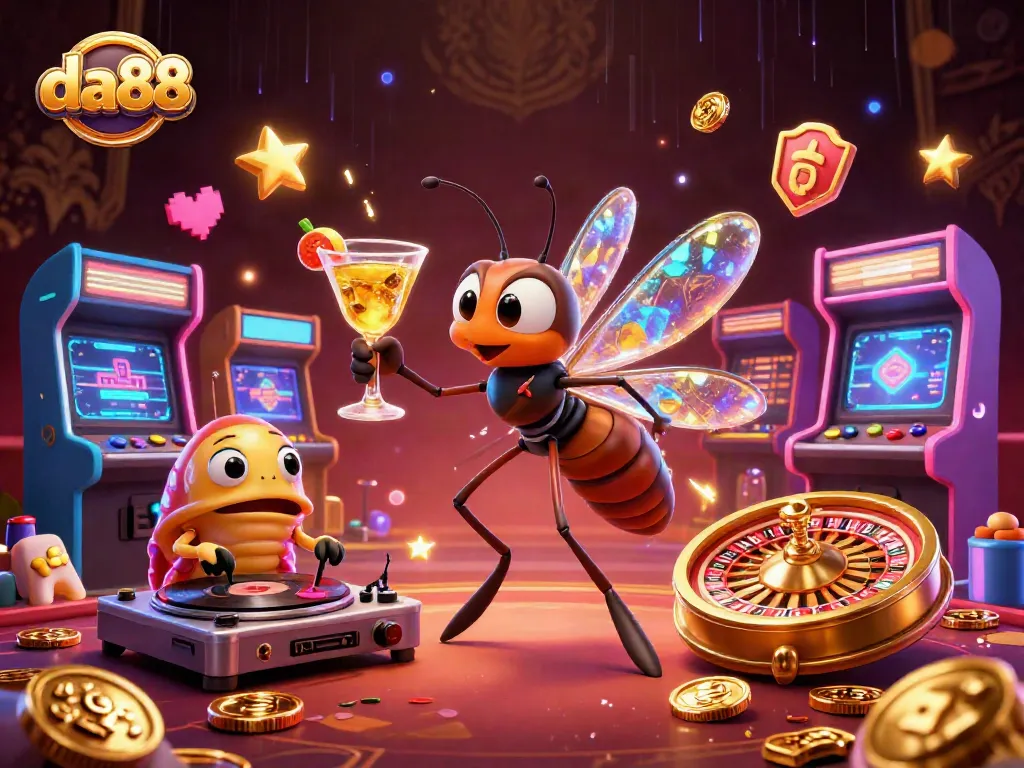 Engage in exciting gameplay with da88's 3D casino scene showcasing vibrant characters and games.