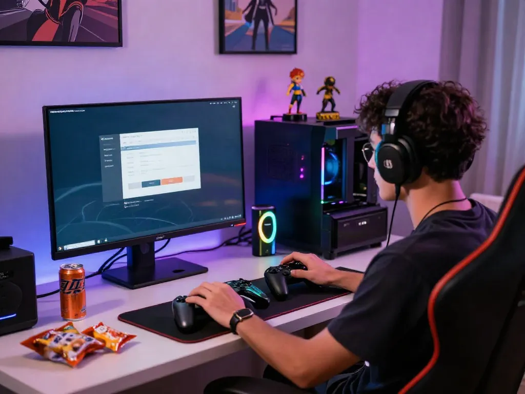 Immersive gaming setup with ROKOK88 login interface visible, showcasing vibrant atmosphere.