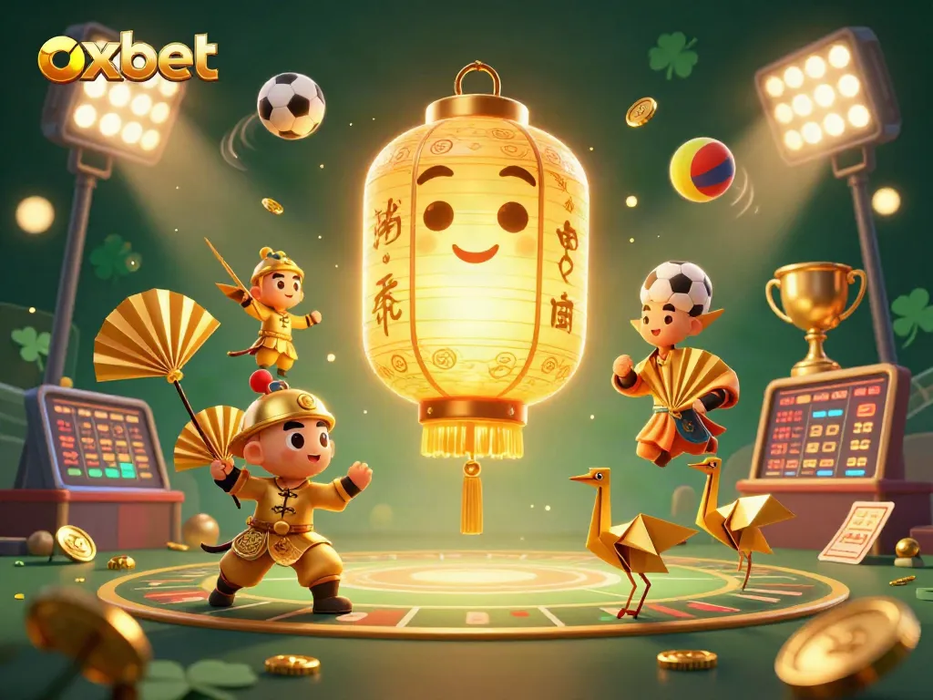 Experience the excitement of OXBET's dynamic gaming scene with sports elements and illuminated characters.