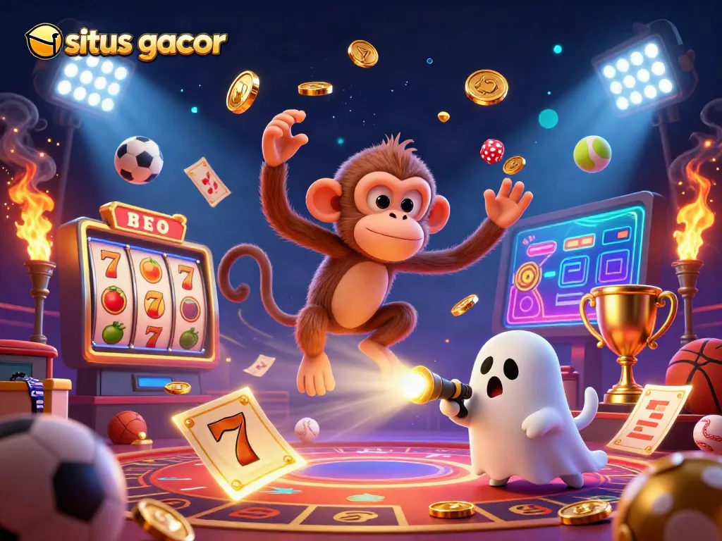 situs gacor featuring a playful poltergeist monkey juggling golden items in a vibrant casino, captivating gamblers.