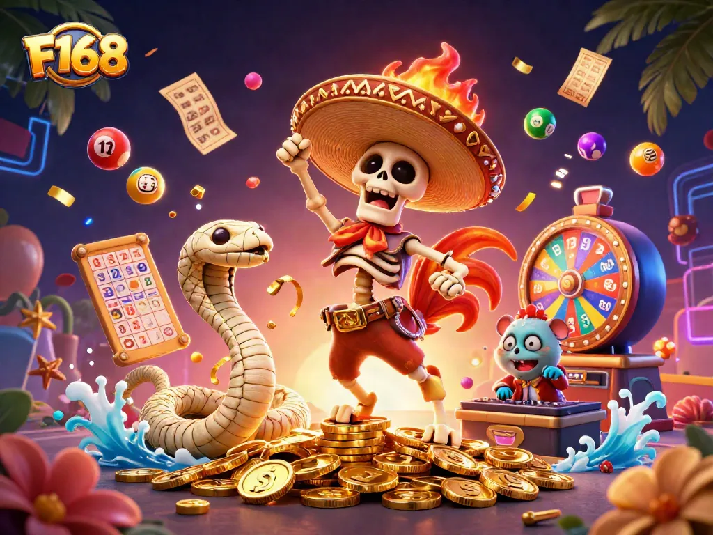 Engage with F168 lottery excitement featuring a vibrant 3D scene with lively characters and dynamic game elements.
