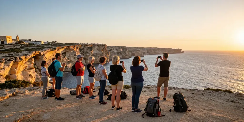 Experience the highlights of a Malta Gozo tour with tourists at sunset.