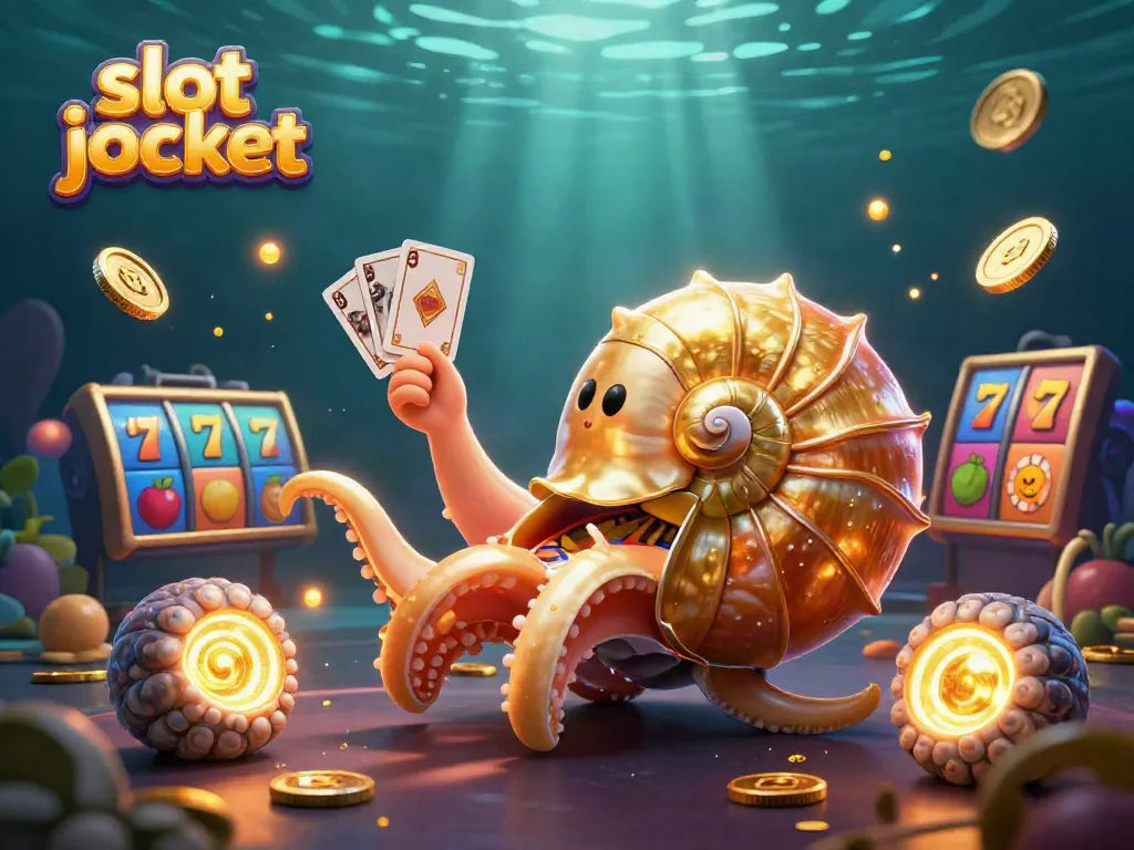 Experience a vibrant slot jackpot scene filled with a giant nautilus, colorful slots, and shimmering coins.