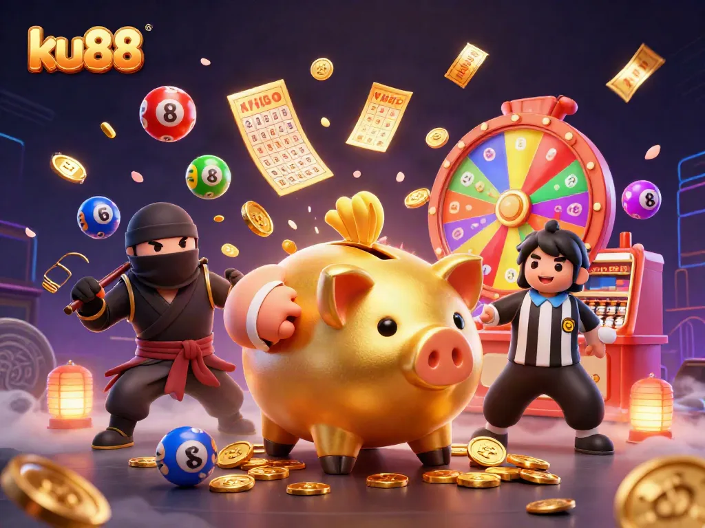 Experience exhilarating gameplay at ku88 with a vibrant scene of a golden piggy bank wrestler, and exciting gambling elements.